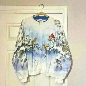 Vintage 90s Cardinal Cardigan Sweater Snow Bird Winter Nature Cardinals